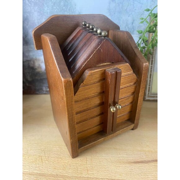 Vintage Wooden Coaster Set With Holder - Rustic Decor & Cork Inserts - Picture 1 of 3